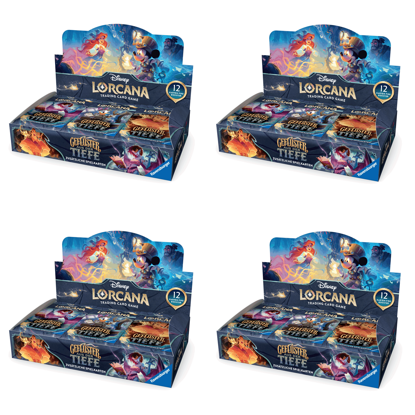 Disney Lorcana - Geflüster aus der Tiefe - Display - Case DE - Produktansicht mit 4 Booster Displays