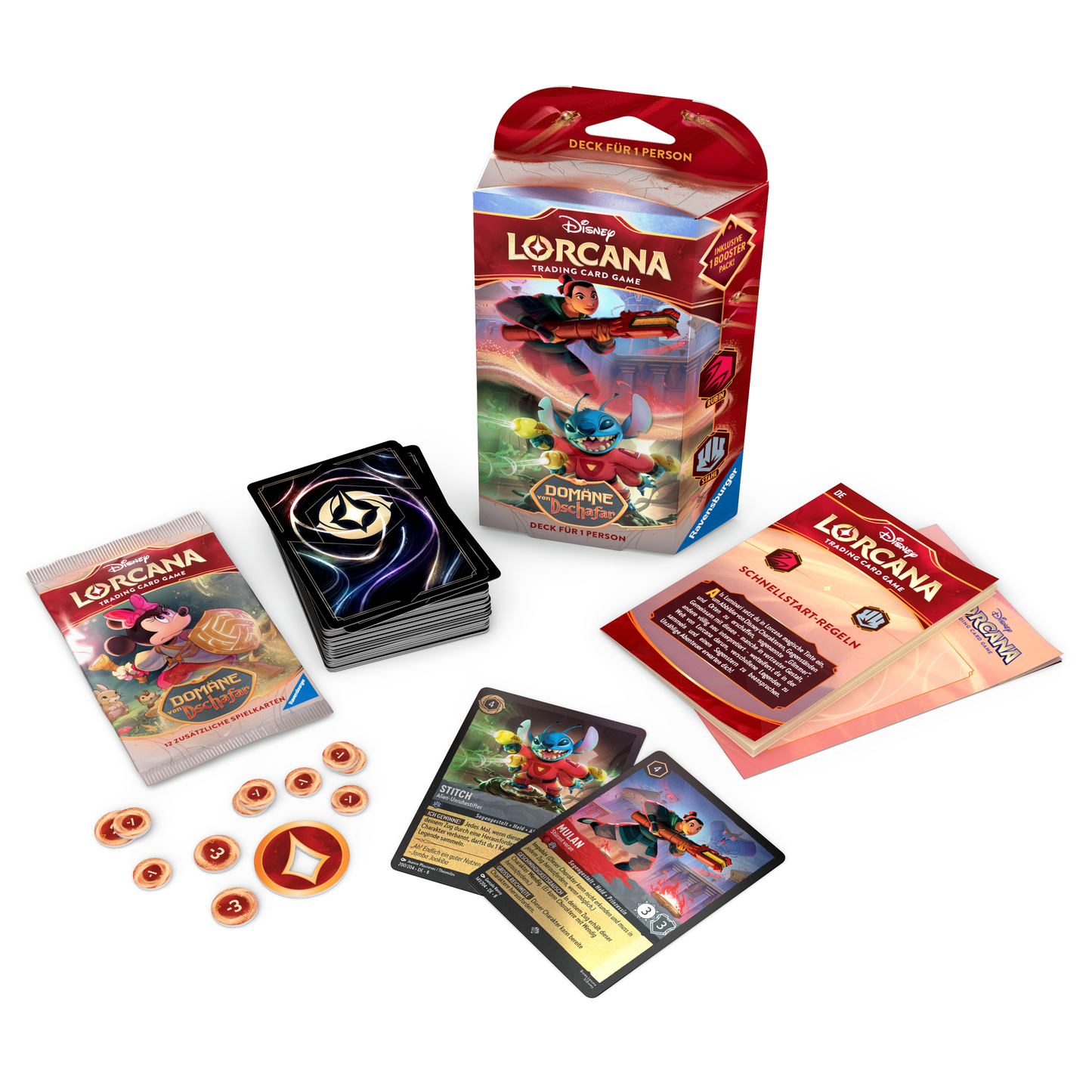 Disney Lorcana Domäne von Dschafar Starterdeck 2er Bundle DE - Produktansicht Stitch Inhalt