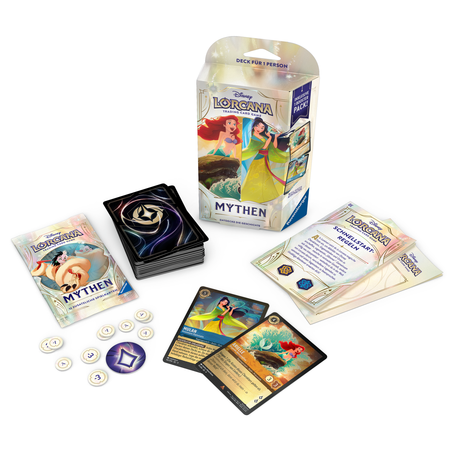 Disney Lorcana Set 9 Starter Deck Spill Arial Mulan DE- Produktansicht Inhalt
