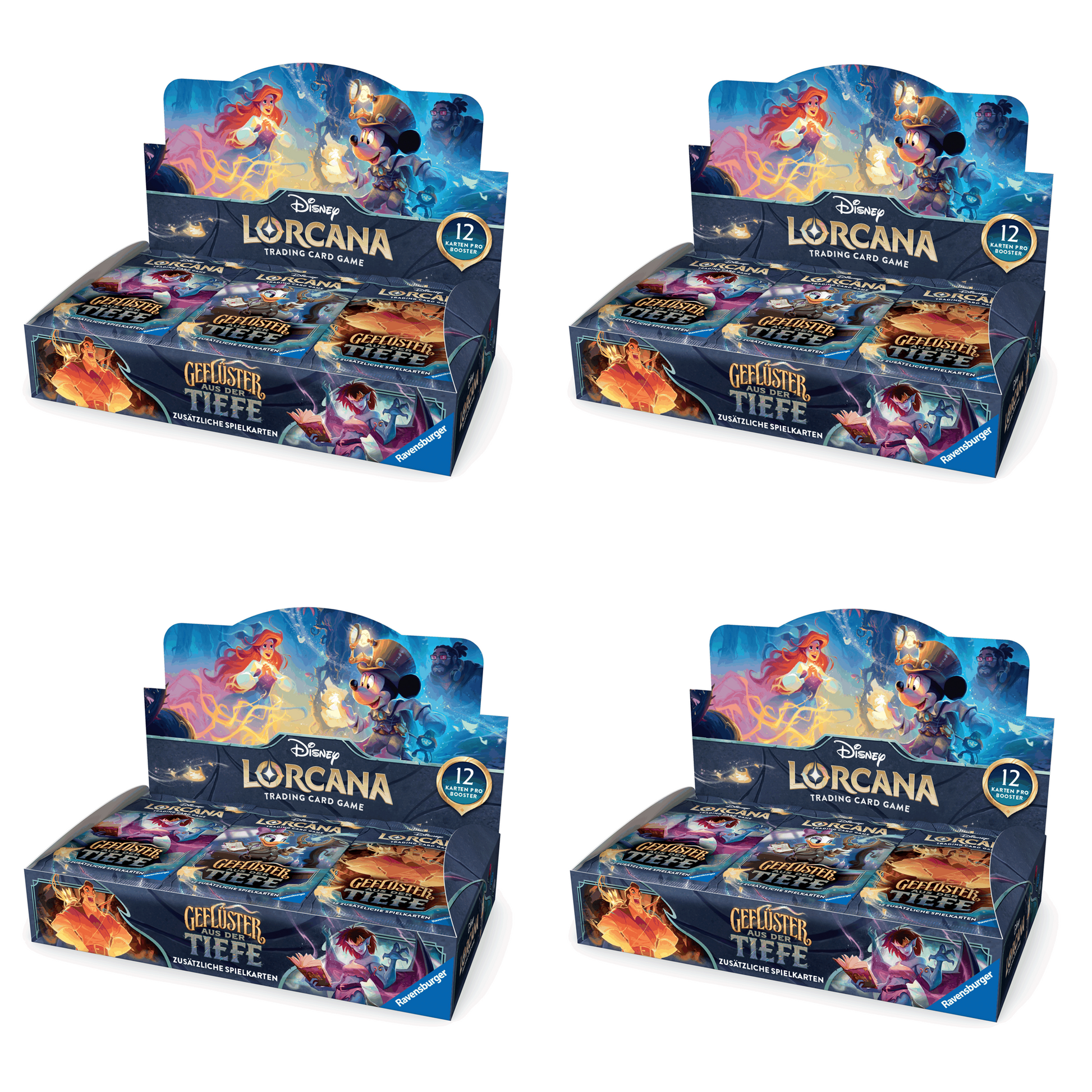 Disney Lorcana - Geflüster aus der Tiefe - Display - Case DE - Produktansicht mit 4 Booster Displays