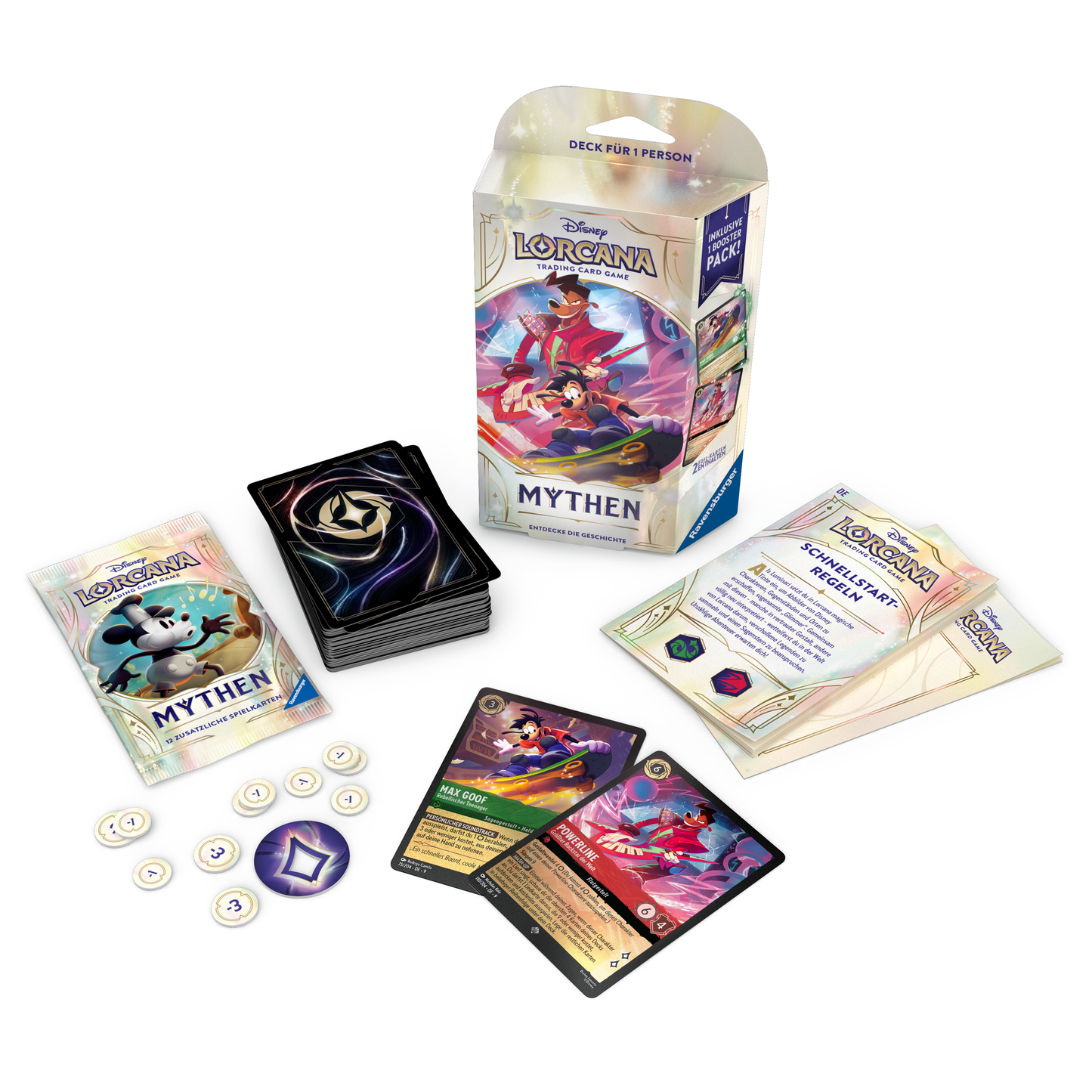 Disney Lorcana Set 9 Mythen Starter Deck Spil Goof Troop DE - Produktansicht Inhalt
