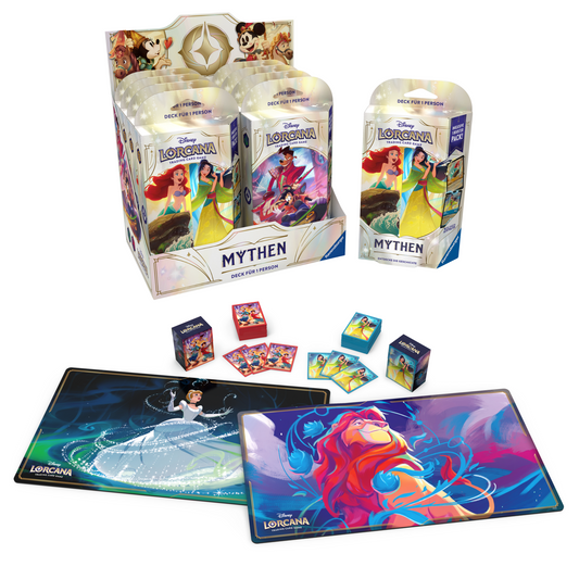 Disney Lorcana Mythen Beginner Bundle DE Starterdecks Deckboxen Kartenhüllen Spielmatten